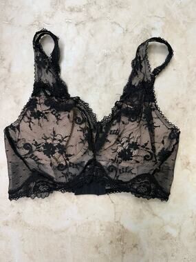 Victoria's Secret Dream Angels Lace & Dot Mesh Long Line Bra Black Size 32C